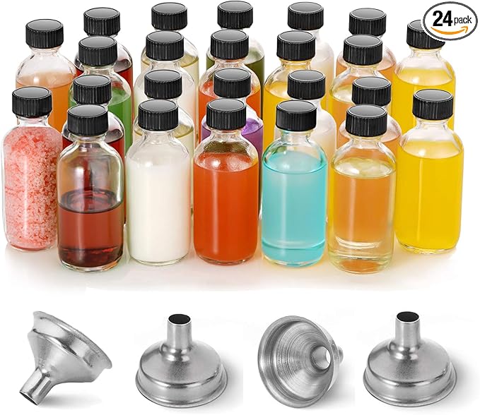 DIDITIME 24 Pack 2 oz Small Clear Glass Bottles with Lids & 4 Funnels - 60ml Boston Round Sample Bottles for Potion, Juice, Ginger Shots, Oils, Whiskey, Wellness Shots, Mini Travel Bottles