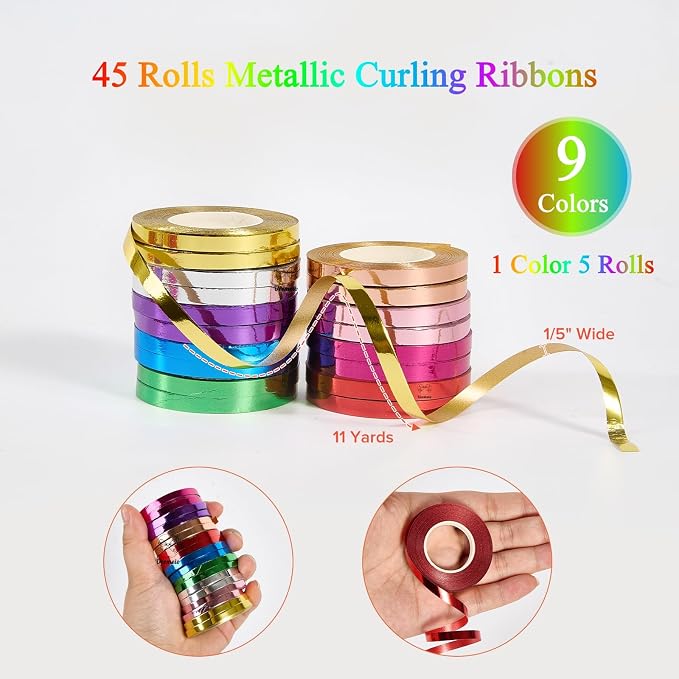45 Rolls 9 Metallic Colors Curling Ribbon Balloon Curling Ribbons Set, 3/16 - Image 3