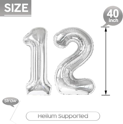 12 Balloon - Silver Birthday Number Balloons, 40 Inch Decorations Men Women | - Image 5