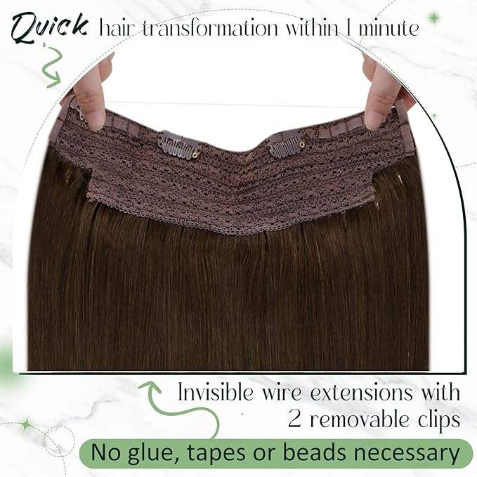 RUNATURE Wire Hair Extensions Real Human Hair Brown, 12 Inch One Piece 70g, Remy Human Hair Invisible Wire Hair Extensions Medium Brown, Short Soft Hair, Blended Well, Easy to Use for Women #4