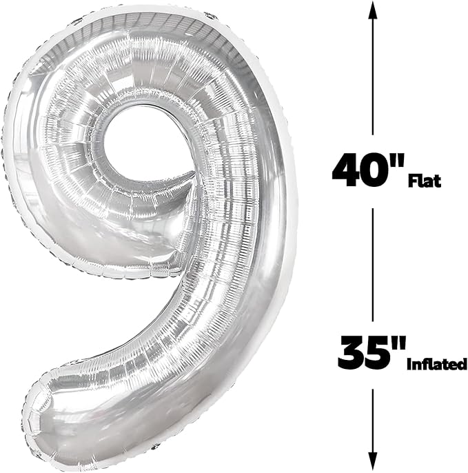 Silver Number 9 Balloon 40 inch, Balloon numbers party supplies, deco photo - Image 2
