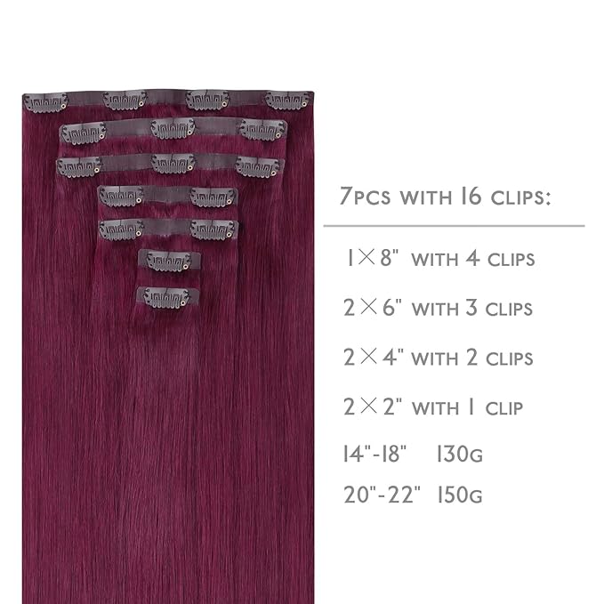 WENNALIFE Seamless Clip In Hair Extensions Human Hair, 24 Inch 160g 7pcs Light Burgundy Real Hair Extensions Clip in Human Hair Invisible PU Skin Weft Natural Remy Human Hair Extensions