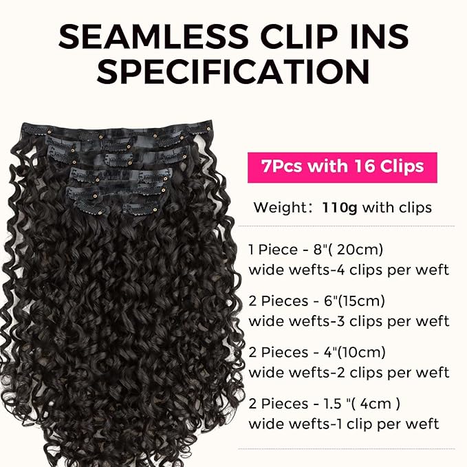 Lashey Seamless Clip in Hair Extensions Human Hair 110g 7pcs Burmese Curly Natural Black 18 Inch Clip In Human Hair Extensions with Soft PU Weft for Women