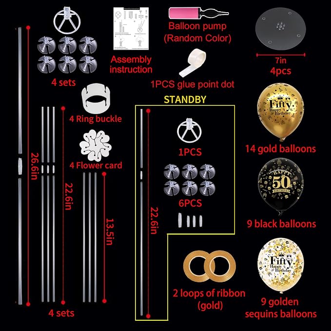 TONIFUL 4 Set Black Gold 50 Printed Balloon Stands - Image 2