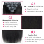 Seamless PU Yaki Straight Clip in Hair Extensions Real Human Hair For Women Invisible Yaki Straight Clip ins (20inch,#1B)
