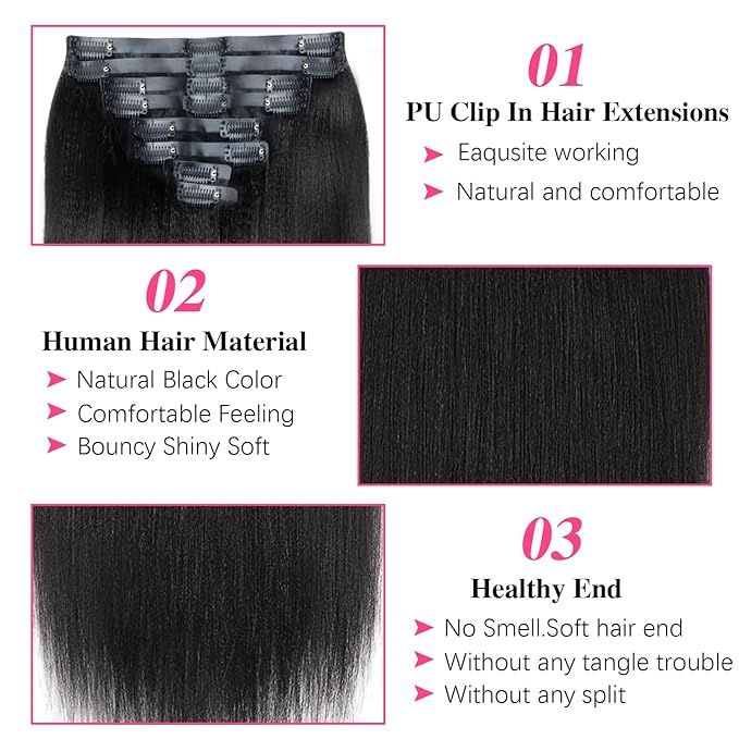 Seamless PU Yaki Straight Clip in Hair Extensions Real Human Hair For Women Invisible Yaki Straight Clip ins (18inch,#1B)