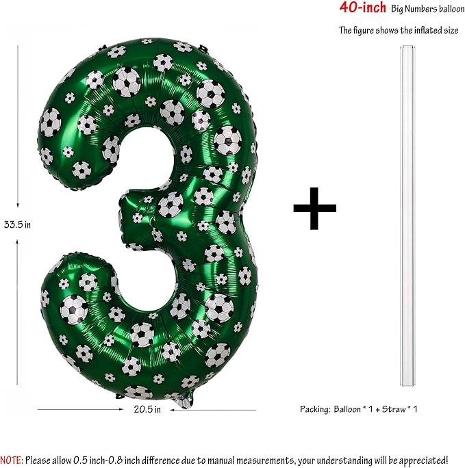 40 Inch Soccer Number 3 Balloons Large Foil Balloon Number 3 Birthday Deco | - Image 2