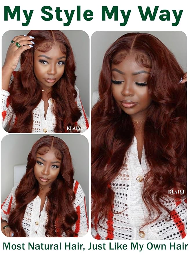 KLAIYI Bye Bye Knots Glueless Wig Reddish Brown Body Wave 7x5 Pre Cut HD Lace Front Wigs Human Hair Put On And Go Wig Pre Bleached Pre Plucked with Baby Hair 30S Ready To Wear 150% Density Full 16Inch