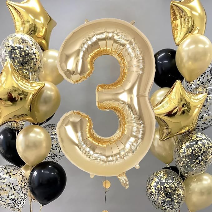 Champagne Gold Large Number 3 Balloon, 40 Inch Light Gold Foil Helium Number - Image 2