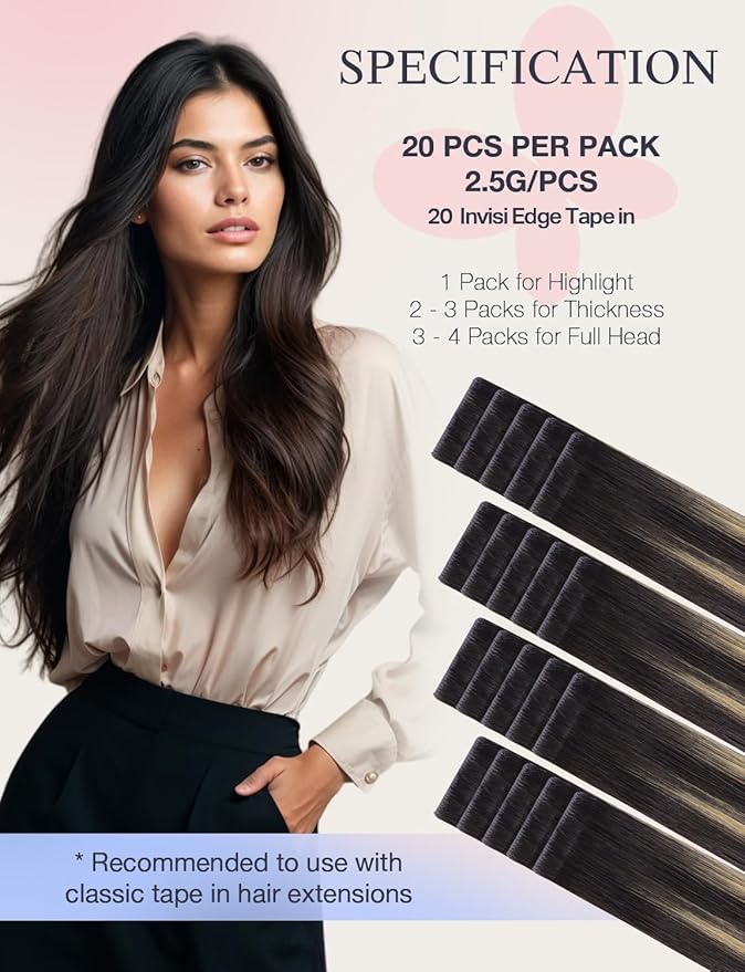 DOORES Invisi Edge Tape in Hair Extensions, Natural Black to Light Blonde 10 Injection Tape-ins with 10 Injection Tape-ins 50g 18 Inch, Injected Tape in Extensions Straight