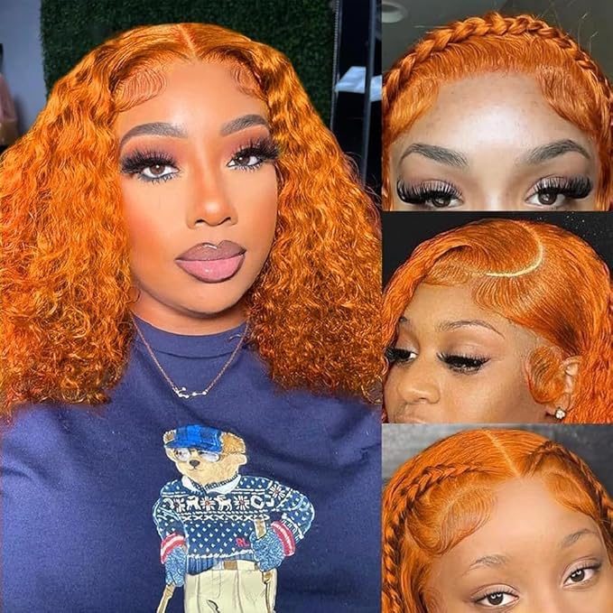 GOLFMAX Ginger Water Wave Bob Wig Human Hair Transparent HD 13x4 Lace Front Human Hair Wig 10 Inch Short Bob Wig Glueless Wigs Human Hair Pre Plucked With Baby Hair