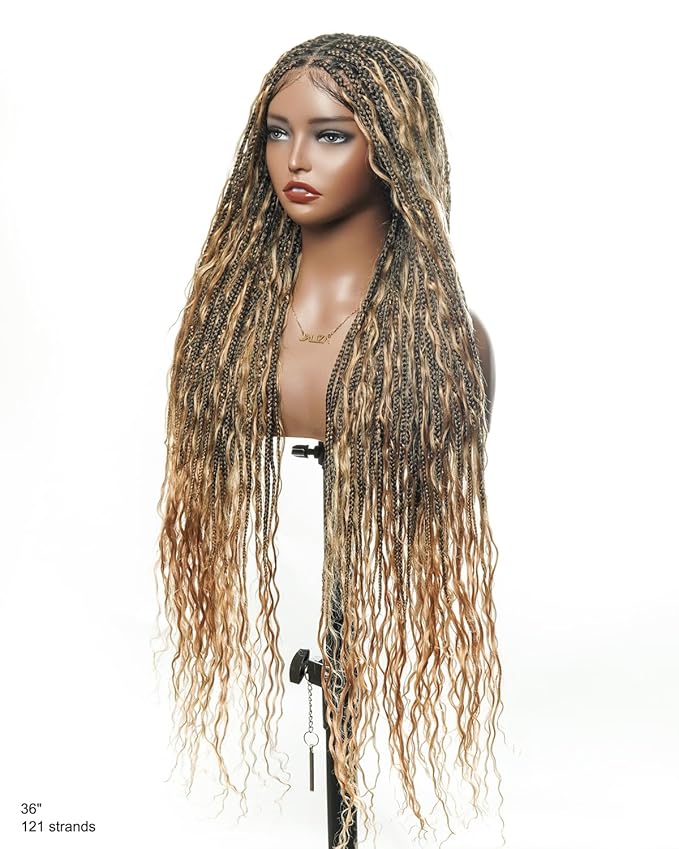 Human Hair Boho Curls Hand-Tied HD Full Lace Wig - 36" Salon-Level Small Box Synthetic Braids (121 Braids, High Density) Pre-Cut Swiss HD Lace, Pre-Plucked, Tangle-Free - 1B/27 Honey Blond