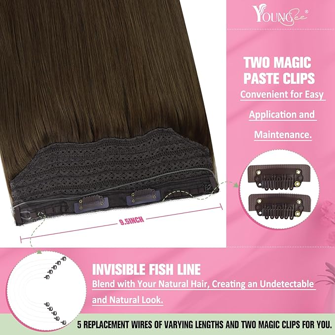 YoungSee Wire Hair Extensions Real Human Hair Brown Wire Extensions Real Human Hair Brown Straight Human Hair Fish Line Extension Easy to Apply and Remove 18 Inch 80g
