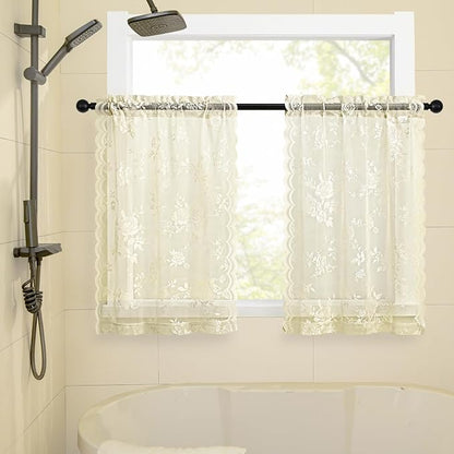 SEEKRIGHT Ivory Lace Cafe Curtains 36 Inch Length Rod Pocket Privacy Sheer - Image 3