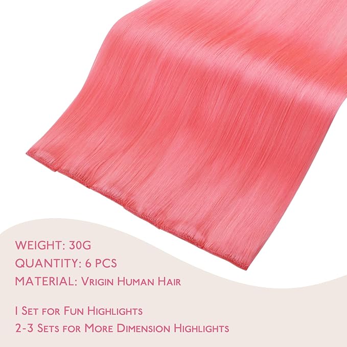WENNALIFE Light Pink Clip in Hair Extensions Real Human Hair 35g 6pcs 16 Inch Colored Hair Extensions for Kids Women Colorful Hair Pieces Pop-up Style Straight Extensiones De Cabello Humano Con Clip