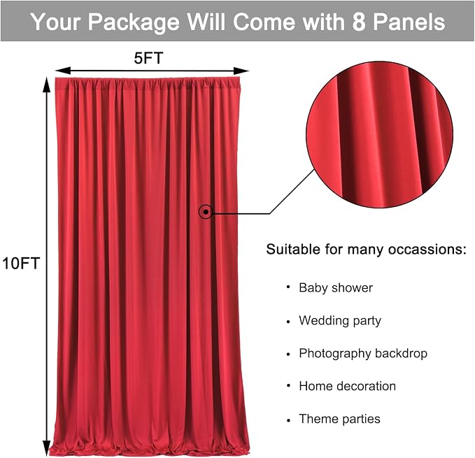 40ft x 10ft Wrinkle Free Red Backdrop Curtains - Image 5