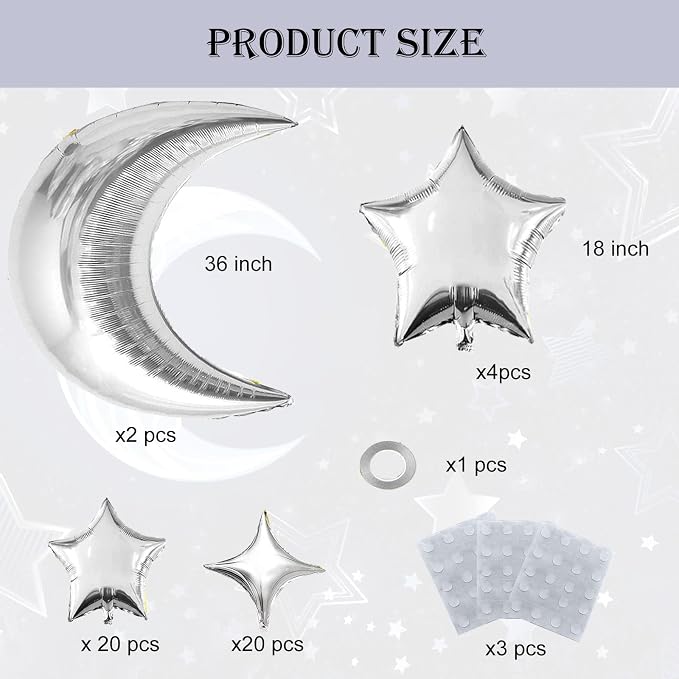 50pcs Silver Moon and Star Balloons, Star Foil Balloons Star Balloon | Moon and - Image 2