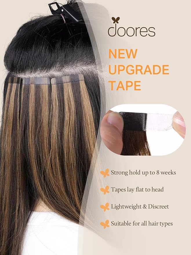 DOORES Tape in Hair Extensions Human Hair, Dark Brown to Chestnut Brown 12 Inch 20g 10pcs, Human Hair Extensions Natural Remy Hair Straight Hair Thick Natural