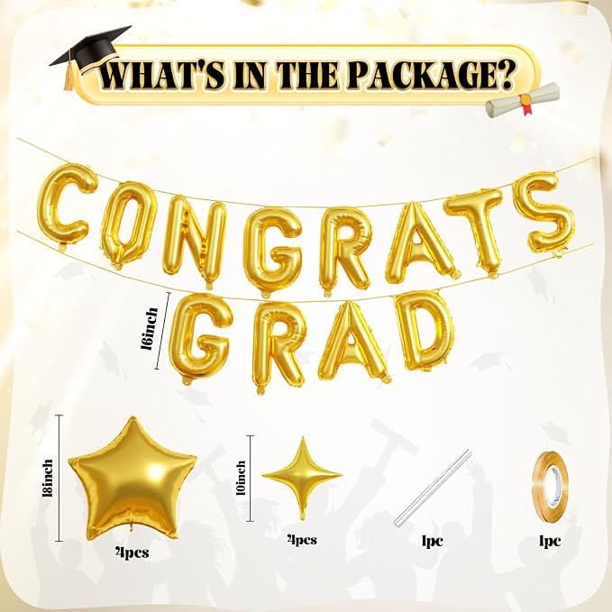 Congrats Grad Balloons, 16 Inch Gold Congrats Grad Letters Banner Balloons - Image 2