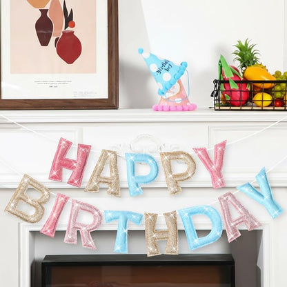 Tegeme Felt Happy Birthday Banner, Pre-strung Glitter Pastel Happy Birthday - Image 5