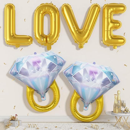 40inch Gold Love Balloons with 2pcs Diamond Ring Foil Balloons, Large Love by Togvu