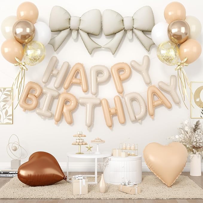 29PC Heart Bow Cream Happy Birthday Balloon Banner, 16Inch 3D Aluminum Letter by Paready