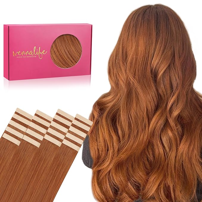 WENNALIFE Tape in Hair Extensions Human Hair, 20pcs 60g 28 inch Dirty Ginger Remy Hair Straight Skin Weft