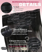 Moresoo Seamless Hair Extensions Clip in Black to Silver 14 Inches Clip in Hair Extensions Short Pu Skin Weft Human Extensions with Clip Balayage 120G 7pcs