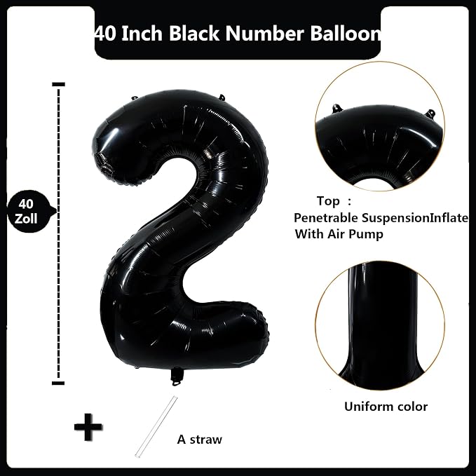 40 inch Black 2 Number Balloon Giant Foil Helium Balloons Black Large Digital - Image 2