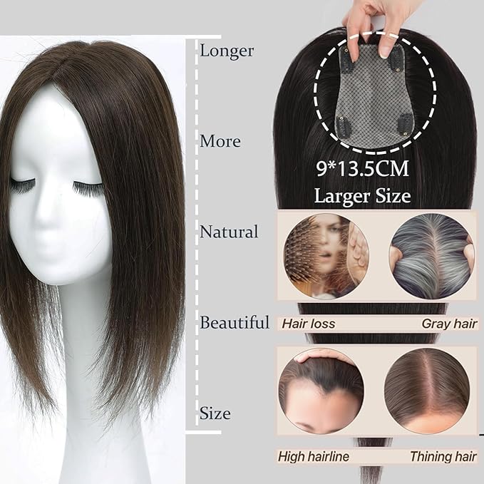 Hair Toppers for Women Real Human Hair, 360° 3D Human with Thinning Upgrade Middle Part Clip in Bangs Topper Hair Pieces for Women Daily (Medium Brown, 16 Inch-3D-Side)