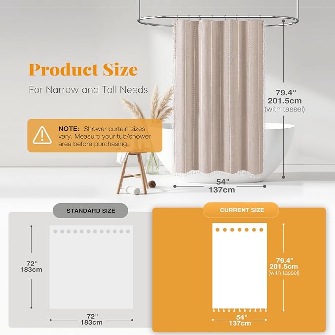 54x78 Boho Farmhouse Linen Heavy Duty Shower Curtain Set, Tan/Taupe | Narrow - Image 3