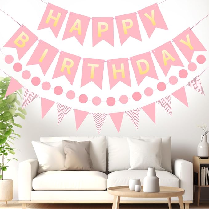 Pink Gold Happy Birthday Banner, Happy Birthday Decorations Hanging Birthday - Image 5