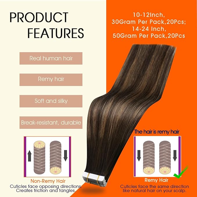 Full Shine Balayage Tape in Hair Extensions Human Hair Color 2/8/2 Human Hair Extensions Tape in 24Inch Remy Seamless Skin Weft 50G 20Pcs Double Sided Adhesive Extension