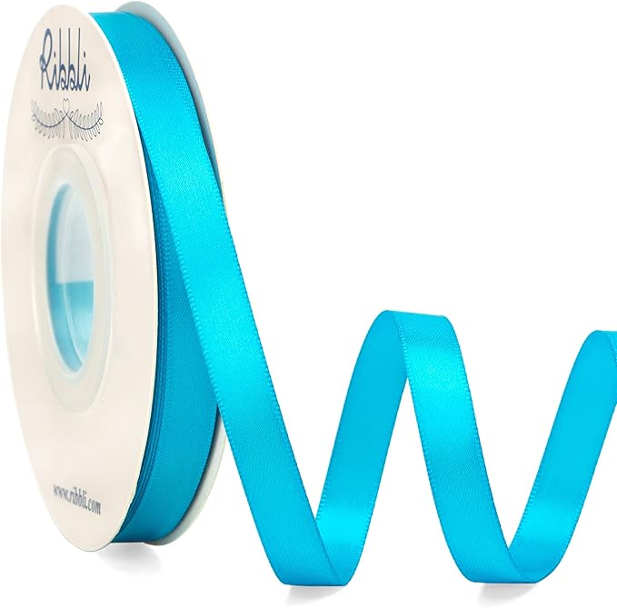 Ribbli Double Faced Turquoise Blue Satin Ribbon, 3/8” x Continuous 25 Yards by Ribbli