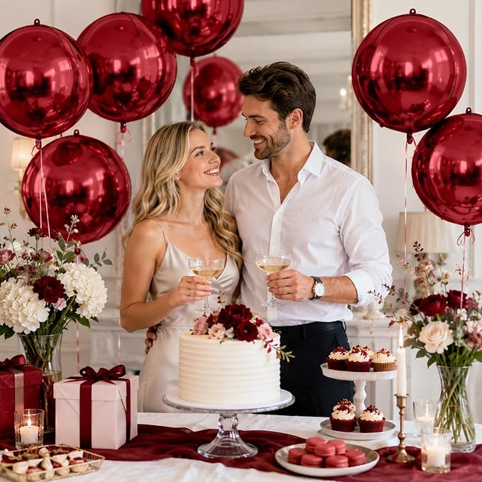 10Pcs Red Round Foil Balloons, Metallic Silver Dark Red Foil Baloon - Image 7