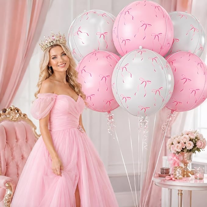 6Pcs Bow Print Round Foil Balloons, - Image 7