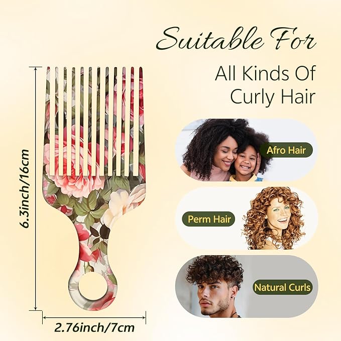 2 Pcs Afro Pick Comb for Natural Curly Hair,Portable Styling Hair Pick for Travel,Anti-Static,Cute Afro Comb for Women Men and Girls (Pink-T7)