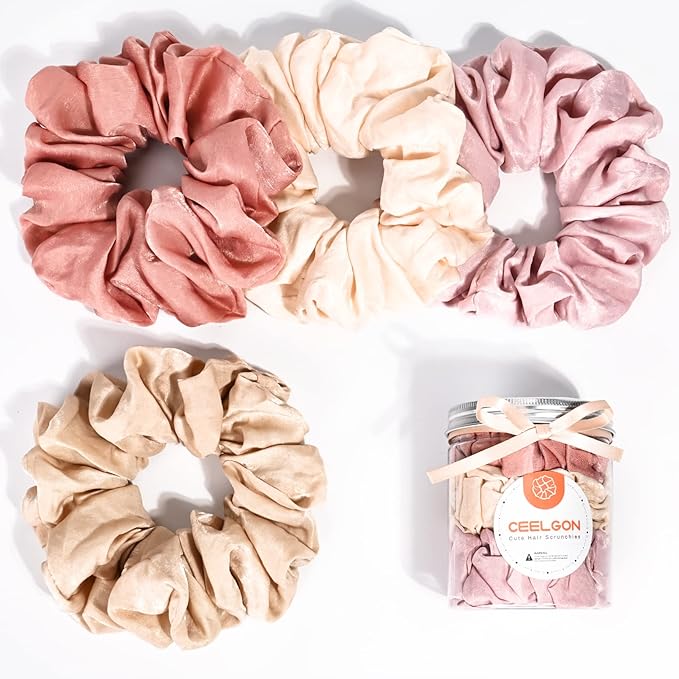 XL Big Silk Scrunchies Hair Ties for Women - CEELGON Oversized Pink Satin Silk Scrunchie Exra Large Jumbo Gaint Soft Champagne Chiffon Cute Scrunchy for Curl Thick Hair 4 Pack (Pink Champagne)