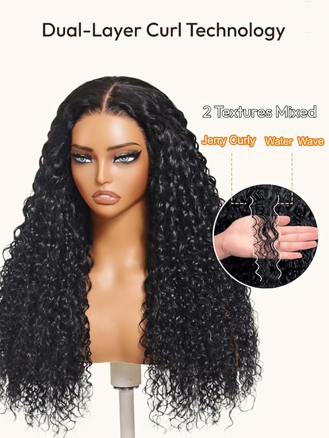 Julia Hair Bye Bye Knots Wig 13x4 Glueless Wigs Human Hair Mixed Curls Water Wave and Jerry Curly Fluffy Wig Pre Everything Pre Plucked Pre Cut HD Lace Bleached Knots Natural Black 22 Inch