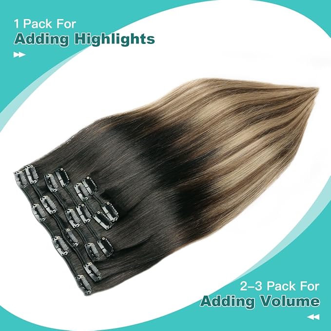 SURNEL Clip in Hair Extensions Natural Black to Chocolate Brown and Caramel Blonde Human Hair Clip in Extensions 20inch 6pcs 120g(#1B/4/27,20'')