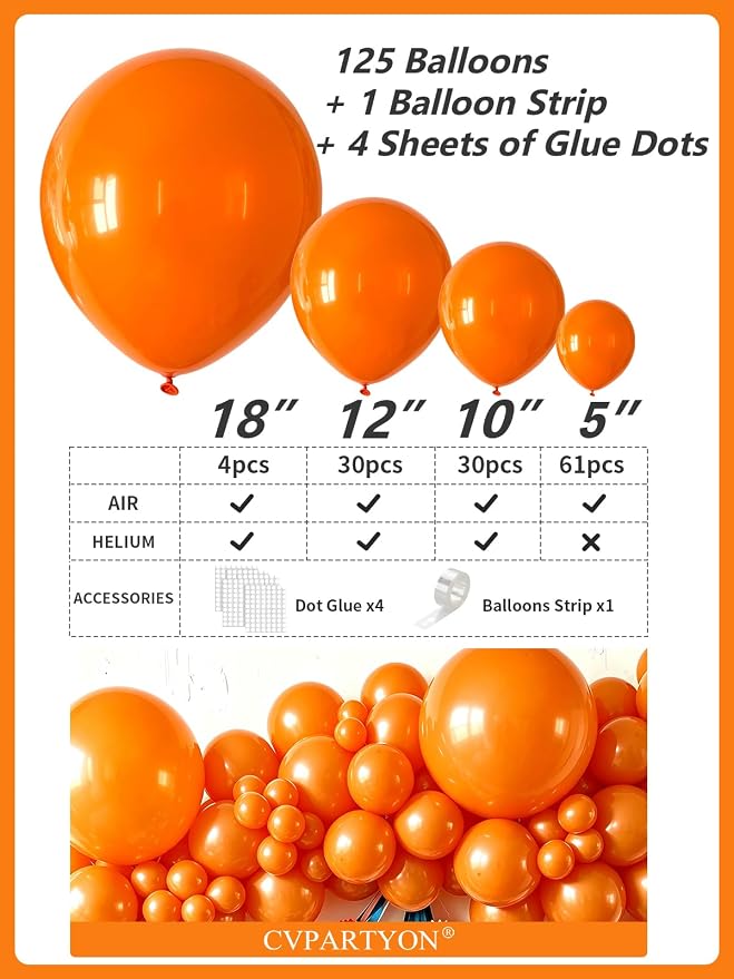 Orange Balloons 125 Pcs Different Sizes 18 12 10 5 Inch Orange Latex Balloon - Image 3