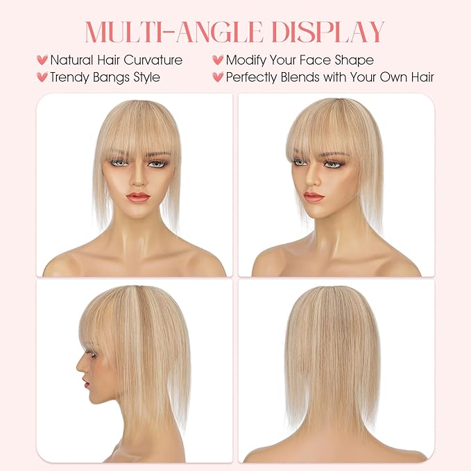 Hairro Mono Hair Toppers with Bangs, 3.4" x 3.4" Mono Base 100% Real Human Hairpieces for Women, 150% Density Clips In Topper for Greyish Thinning Hair, 12 Inch Golden Brown Mix Bleach Blonde