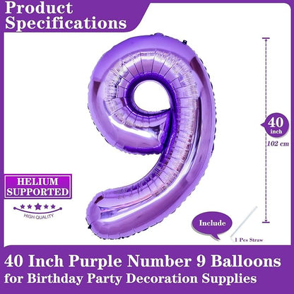 Purple Number 9 Balloons, 40 Inch Giant Number Balloons Foil Mylar Helium - Image 2