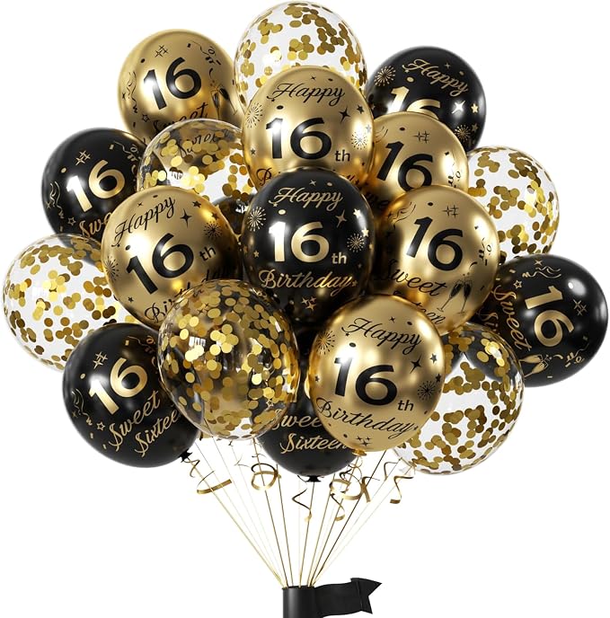 Black Gold 16th Birthday Balloons Pack of 15 Boys Girls Happy 16th Birthday by Hongplus