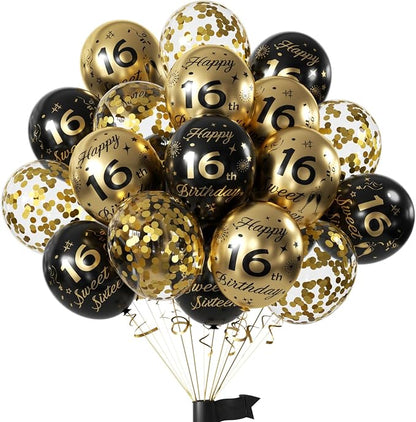 Black Gold 16th Birthday Balloons Pack of 15 Boys Girls Happy 16th Birthday by Hongplus