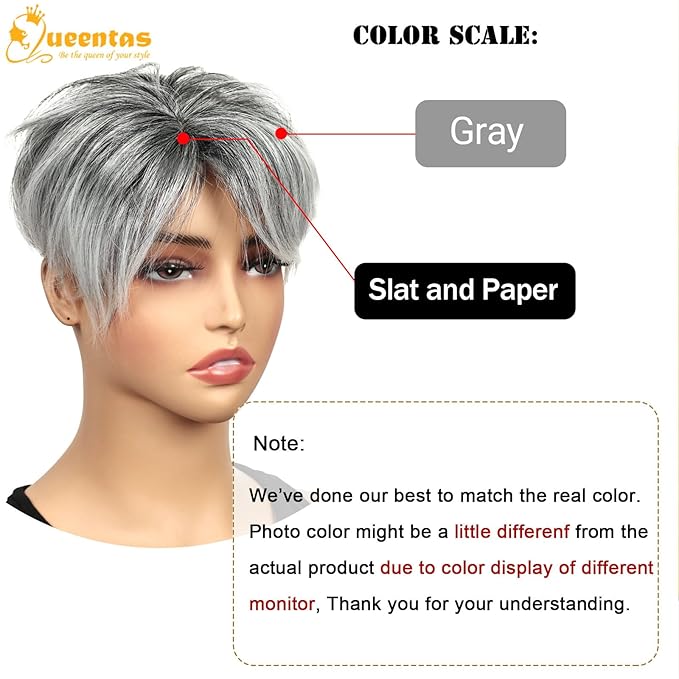 QUEENTAS Short Hair Topper for Women with Thinning Hair Daily Wear 360°3D Cover Up 6.5"*6" Fluffy Hair Pieces with Bangs(Black Mixed Grey)