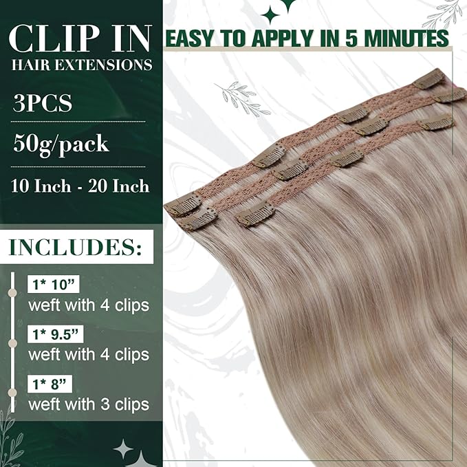 RUNATURE Clip in Hair Extensions Real Human Hair, Blonde Hair Extensions Clip Ins, Short Human Hair Clip in Extensions, Remy Natural Hair 12 Inch 50g 3pcs #19P60 Grey Blonde Highlight Platinum Blonde