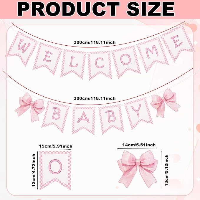 2pcs Welcome Baby Banner, Pre-Strung Pink Bow Welcome Baby Sign Hanging Banner - Image 2