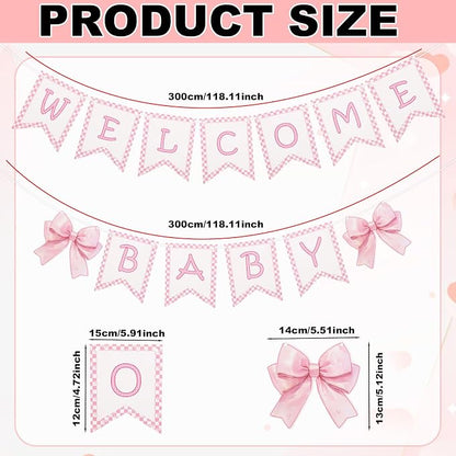 2pcs Welcome Baby Banner, Pre-Strung Pink Bow Welcome Baby Sign Hanging Banner - Image 2