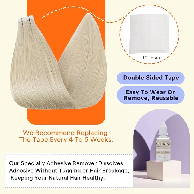 Full Shine Tape Ins Human Hair Extensions 22 Inch Color 60 Platinum Blonde Natural Invisible Seamless Skin Weft Human Hair Tape in Extensions 20PCS Soft and Silky 50 Grams for Wedding